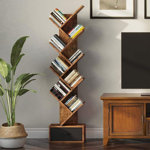 Brown 8 Shelf Tree Bookshelf with Drawer -