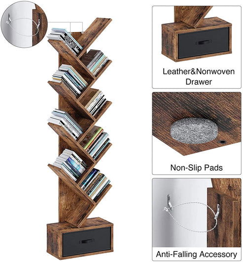 Brown 8 Shelf Tree Bookshelf with Drawer -