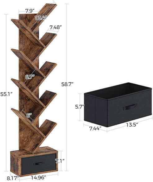 Brown 8 Shelf Tree Bookshelf with Drawer -