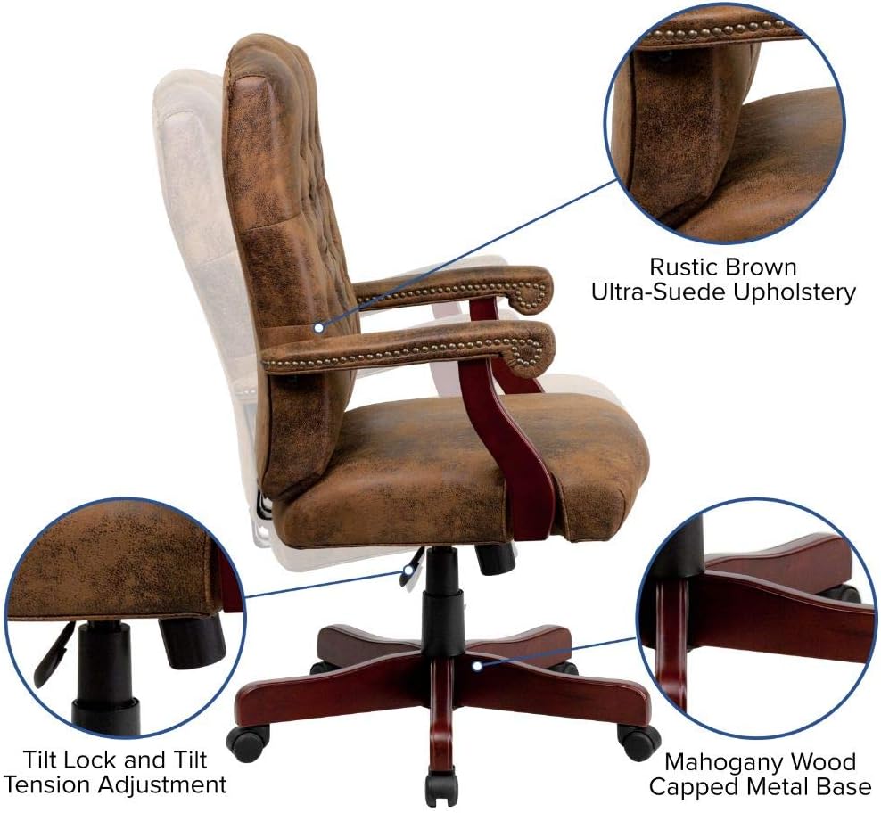 Brown Classic Leatherette Executive Office Chair | Armrest and Revolving Chair | Wooden Chair | Director Chair -
