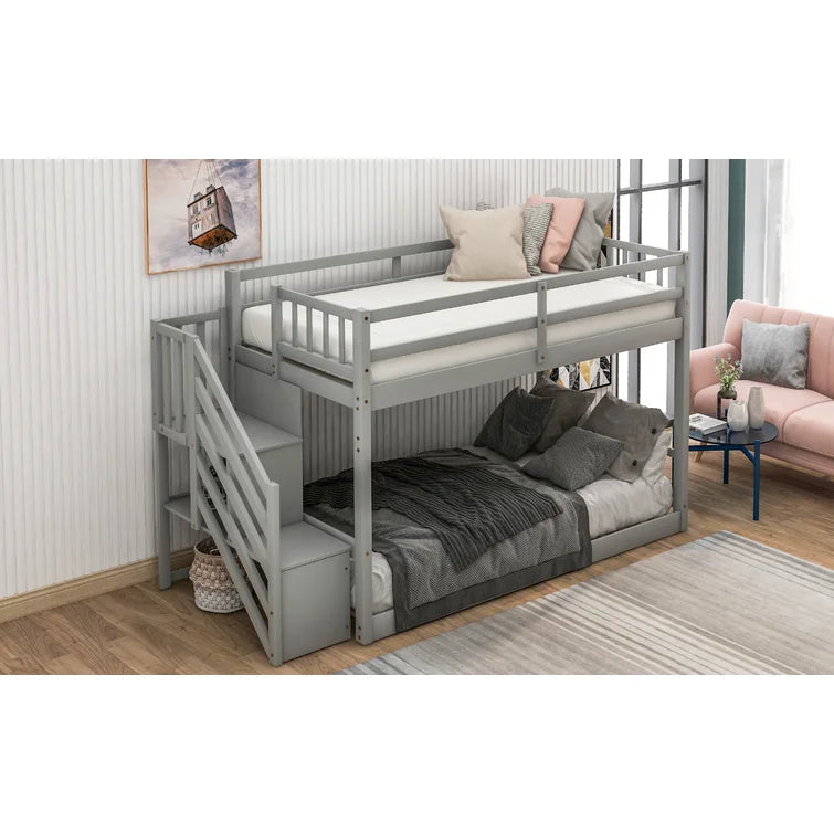 Bunk Bed with Storage Staircase, Twin Size Bunk Bed for Kids, Teens, No Box Spring Needed -