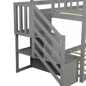 Bunk Bed with Storage Staircase, Twin Size Bunk Bed for Kids, Teens, No Box Spring Needed -