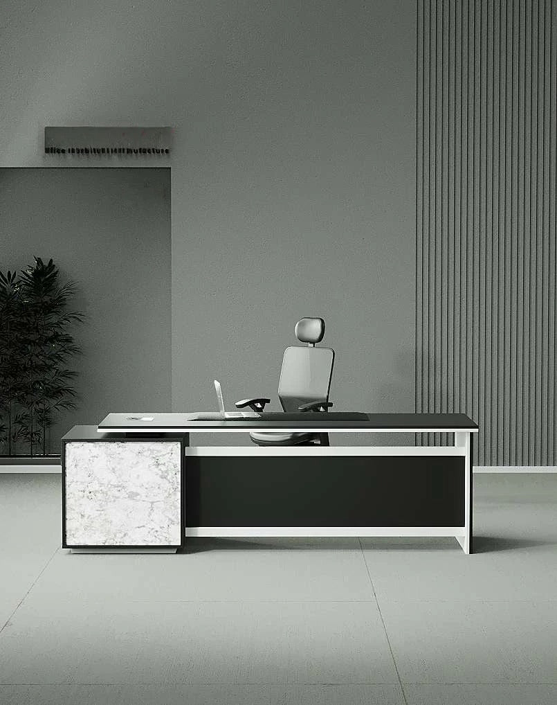 Director CEO for Office Table Flat Straight Manager Desk with White Leg Storage With Lockable,Wire Manager Matte Black