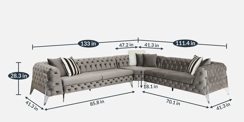 C Shape Fabric Corner Sofa  With Solid Wood Frame And Metal Legs Base -