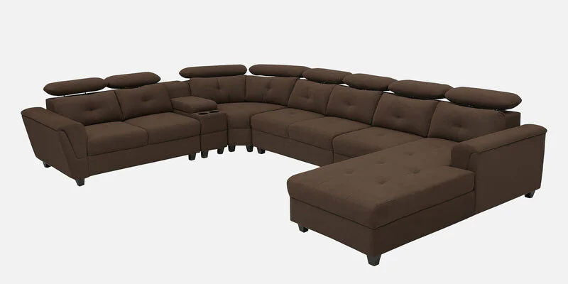 C Shape Fabric Corner Sofa with Solid Wood Frame in Chestnut Brown Color -