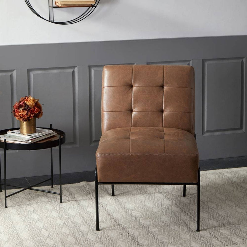 Armless Tufted Brown Chair With Metal Legs