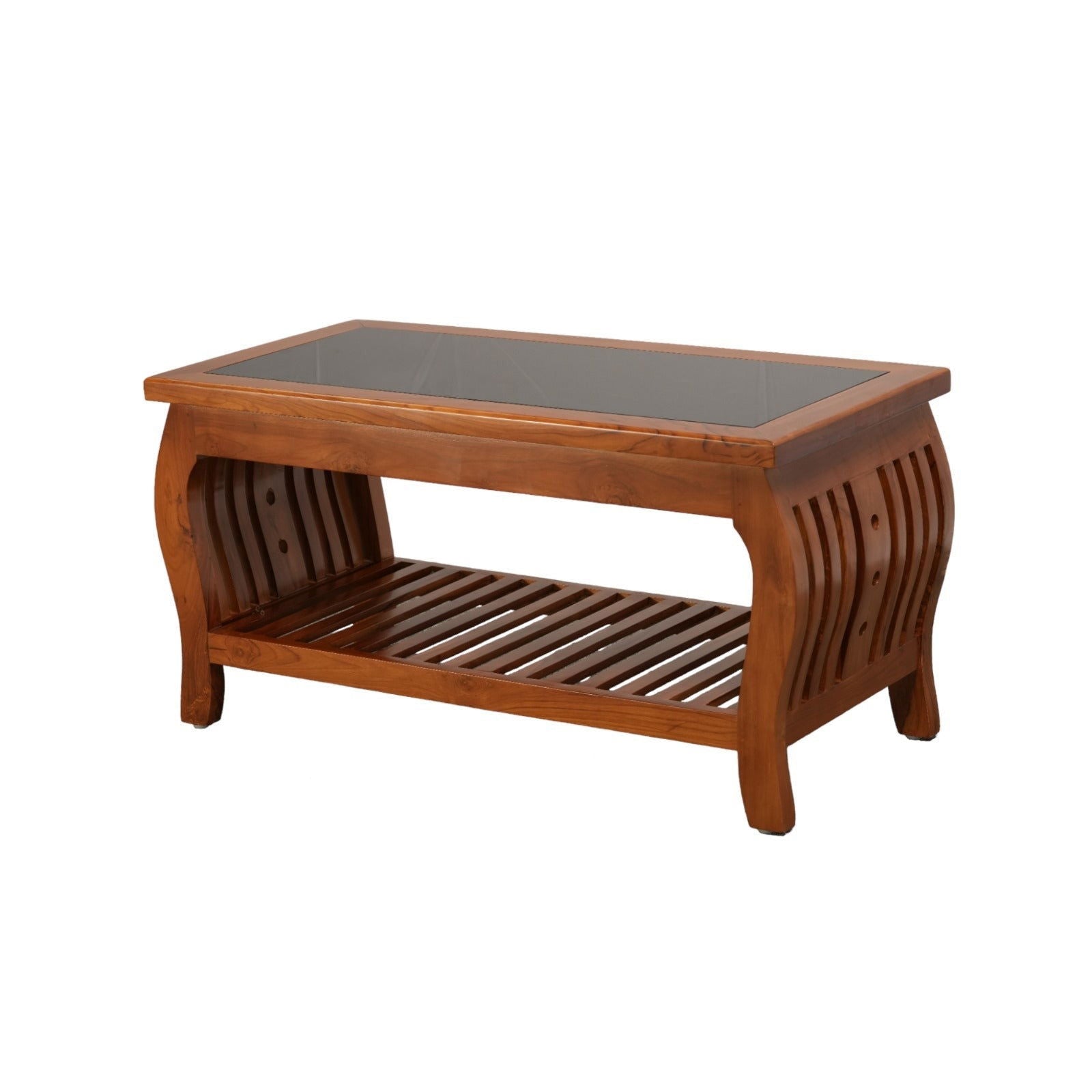 Center Coffee Table Made with Teak Wood & Glass Top With Melamine Polish -