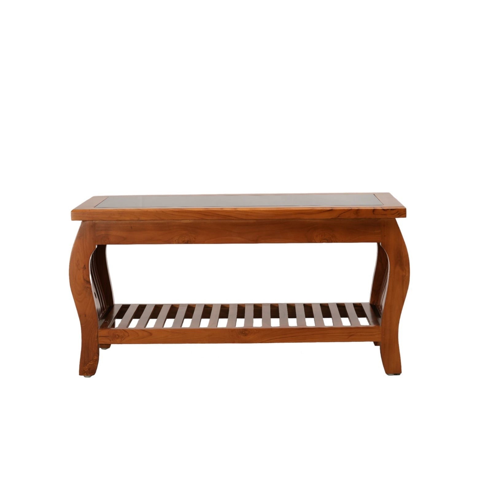 Center Coffee Table Made with Teak Wood & Glass Top With Melamine Polish -