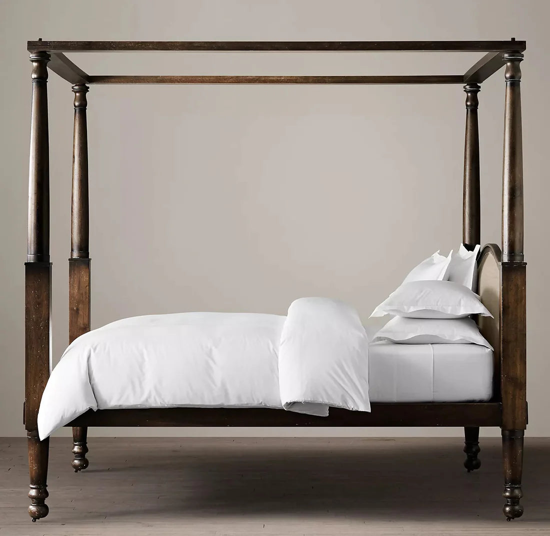 King Size Canopy Bed in Premium Sheesham Solid Wood with Elegant Turned Posters, Arched Fabric Padded Headboard, and Hand-Carved Wood Legs
