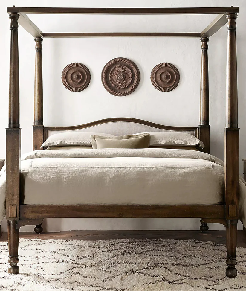 Wodden Bed – Handcrafted Sheesham Solid Wood Frame, Footboard, Four-Poster Design, Walnut Finish