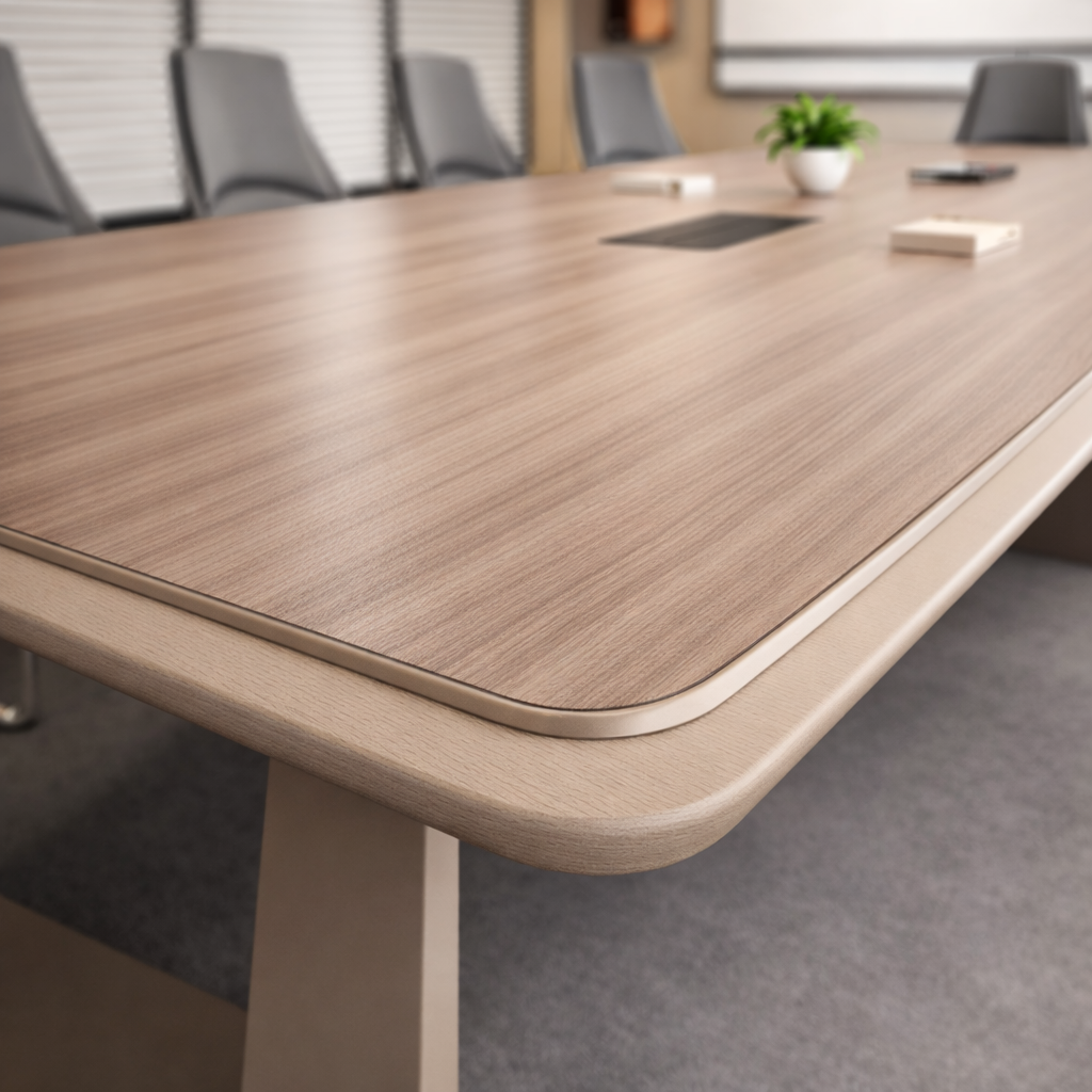 Modern Wooden Conference Table for Office | Premium Boardroom Meeting Table with Rounded Corners, Integrated Wire Manager and Metal Base