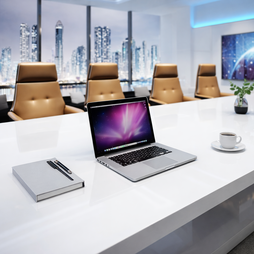 Luxury High Gloss White Conference Table for Office and Modern Boardroom Meeting Table with Curved Designer Base - Premium Executive Conference Desk