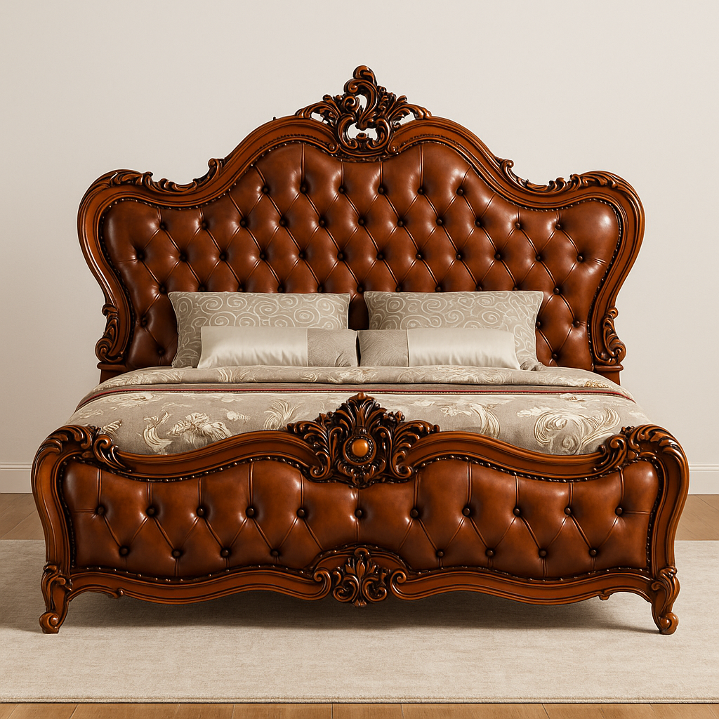 king‑Size Teak Wood Bed with Headboard High PU-Finish Headboard Support Legs, Modern Design