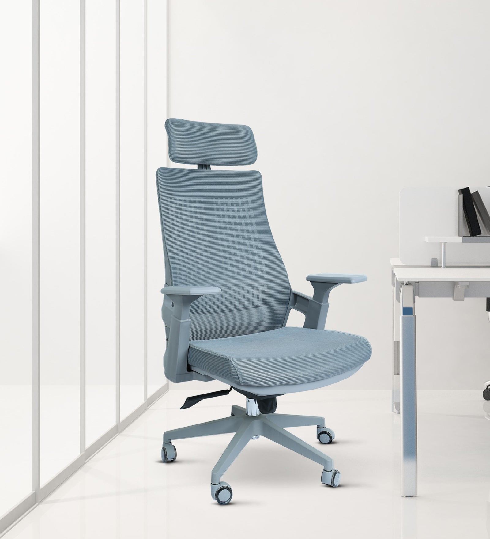 High Back Mesh Office Chair with Headrest for Directors & Executive | Ergonomic Revolving Chair with Adjustable Height | Grey Chair for Work from Home & Office Use