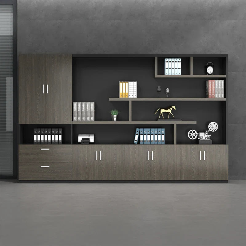 Executive Office Wall Unit with Open Display Shelving, Two Utility Drawers, and Six-Door Lower Storage Cabinets in Premium Dark Walnut