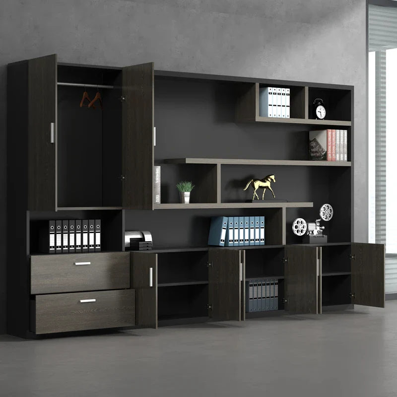 Executive Office Wall Unit with Open Display Shelving, Two Utility Drawers, and Six-Door Lower Storage Cabinets in Premium Dark Walnut