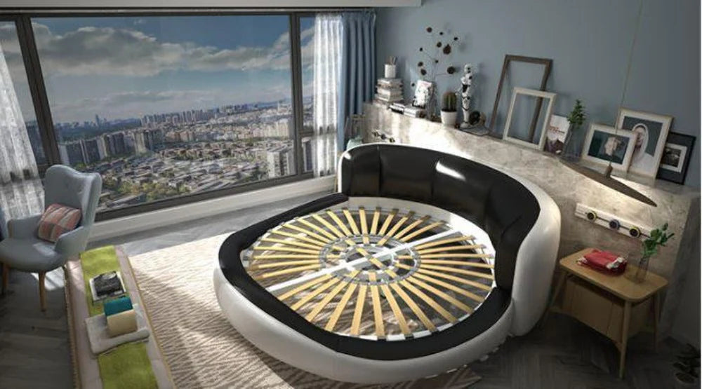 Luxury Round Bed in Premium Velvet &amp; Leatherette Upholstery with Ergonomic Curved Headboard, Heavy-Duty Hydraulic Storage