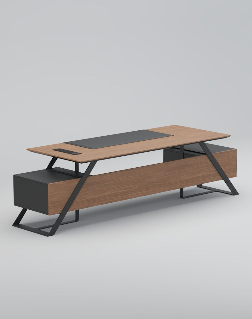 Director & CEO for Office Table Includes Left & Right Storage with Lockable and leatherette Pad Wire Manager - Brown