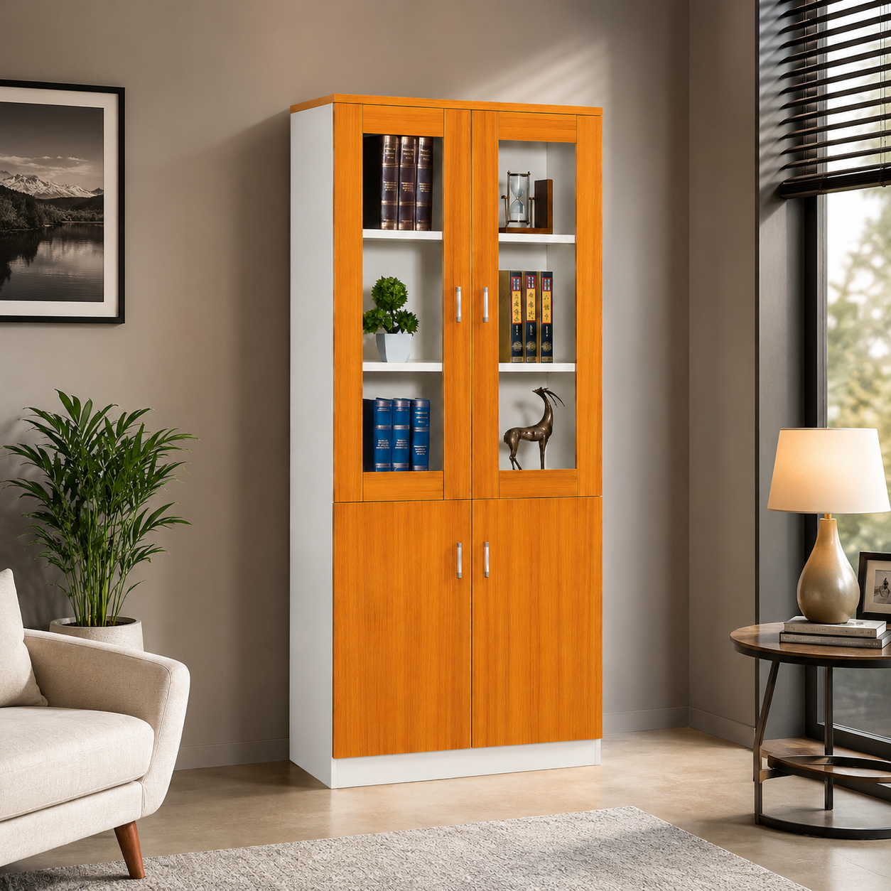 Wall Filing Cabinet with 4 Glass Doors & Storage Compartments – Wooden Finish