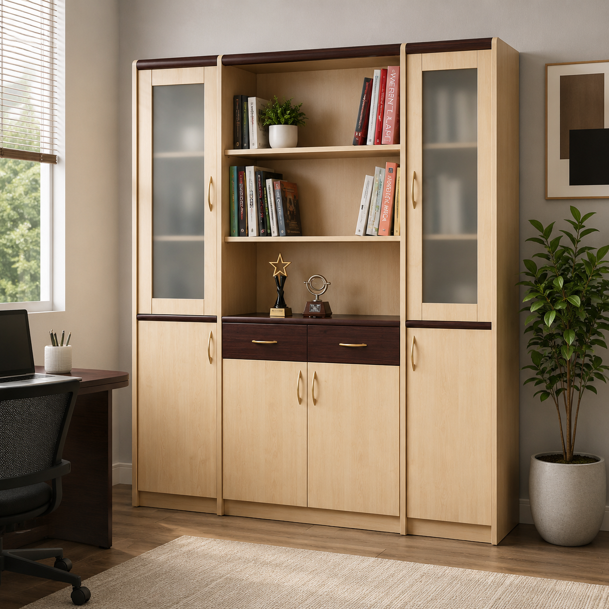 Modern 5 Door Storage Cabinet with Open Bookshelves, 2 Drawers, Glass Door Sections and Closed Storage for Home Office
