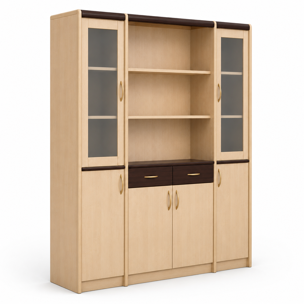 Modern 5 Door Storage Cabinet with Open Bookshelves, 2 Drawers, Glass Door Sections and Closed Storage for Home Office