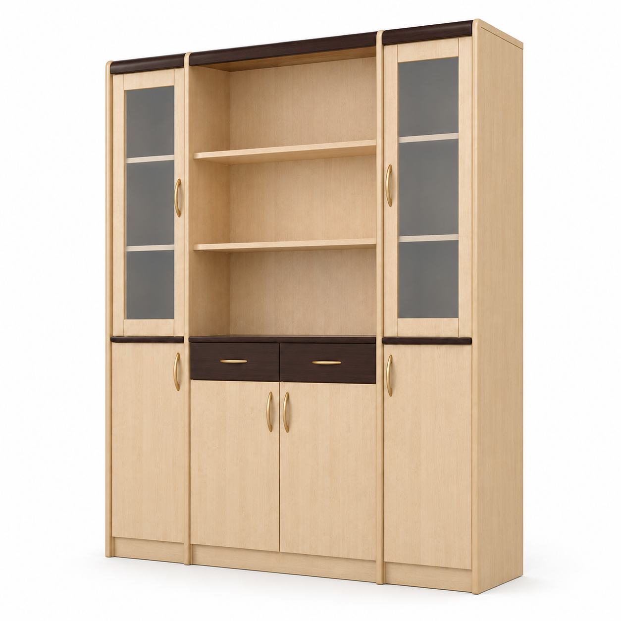 Modern 5 Door Storage Cabinet with Open Bookshelves, 2 Drawers, Glass Door Sections and Closed Storage for Home Office