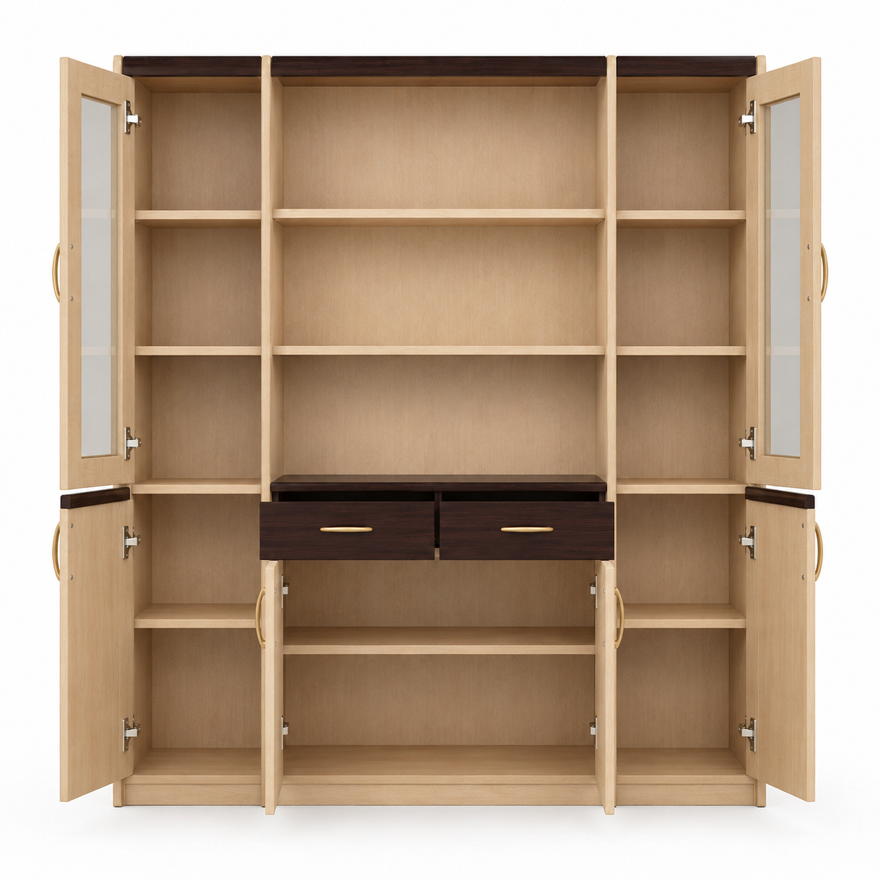 Modern 5 Door Storage Cabinet with Open Bookshelves, 2 Drawers, Glass Door Sections and Closed Storage for Home Office