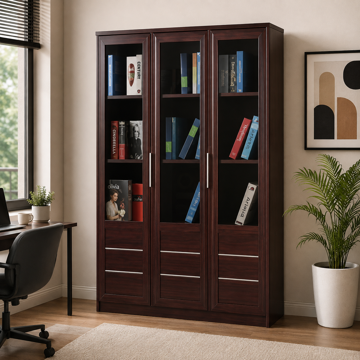 Modern 3 Door Bookcase with Open Shelves and Lower Drawer Storage, Tall Wooden Display Cabinet for Home Office, Study and Living Room