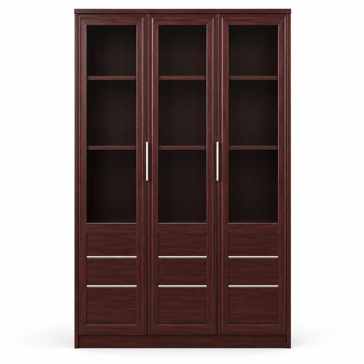 Modern 3 Door Bookcase with Open Shelves and Lower Drawer Storage, Tall Wooden Display Cabinet for Home Office, Study and Living Room