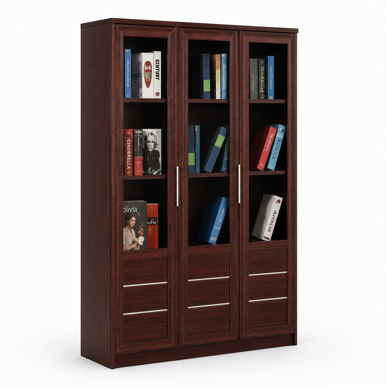 Modern 3 Door Bookcase with Open Shelves and Lower Drawer Storage, Tall Wooden Display Cabinet for Home Office, Study and Living Room