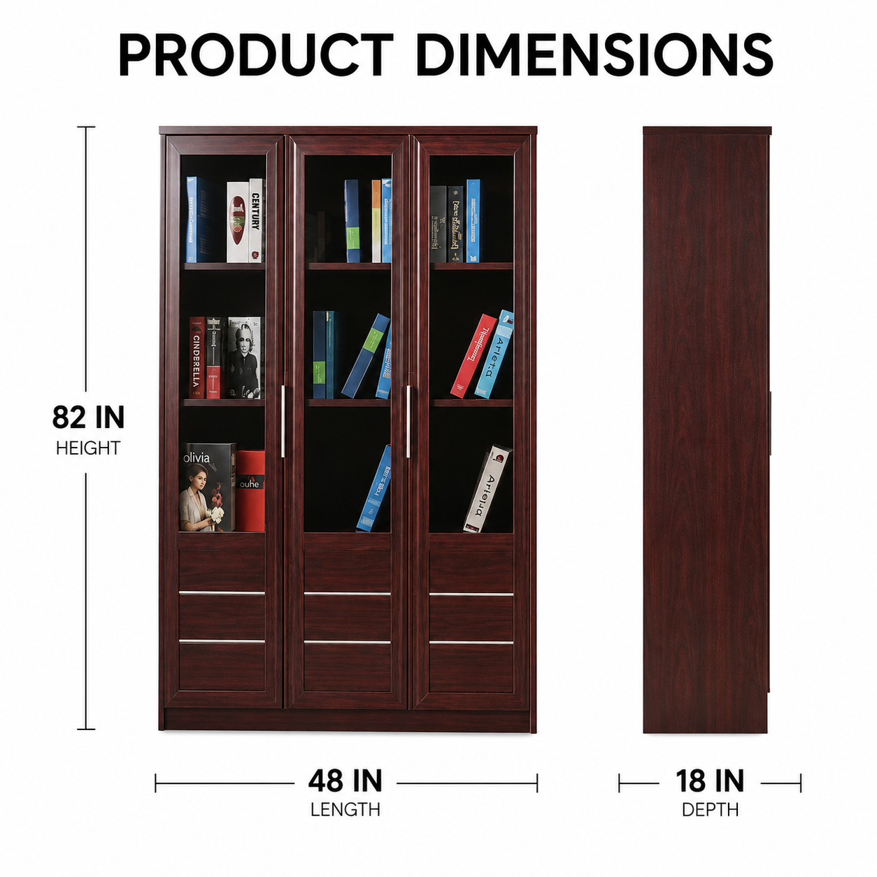 Modern 3 Door Bookcase with Open Shelves and Lower Drawer Storage, Tall Wooden Display Cabinet for Home Office, Study and Living Room