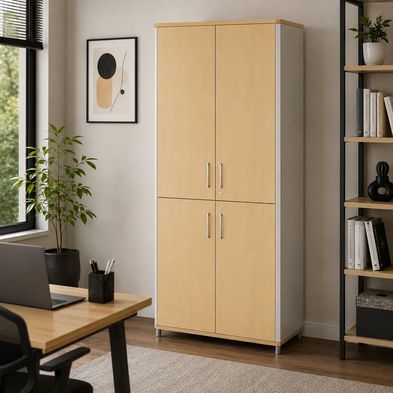 Modern Home Storage Cabinet with 4 Doors, Tall and Lower Storage, Slim Handles and Raised Base for Office, Study and Workspace Areas