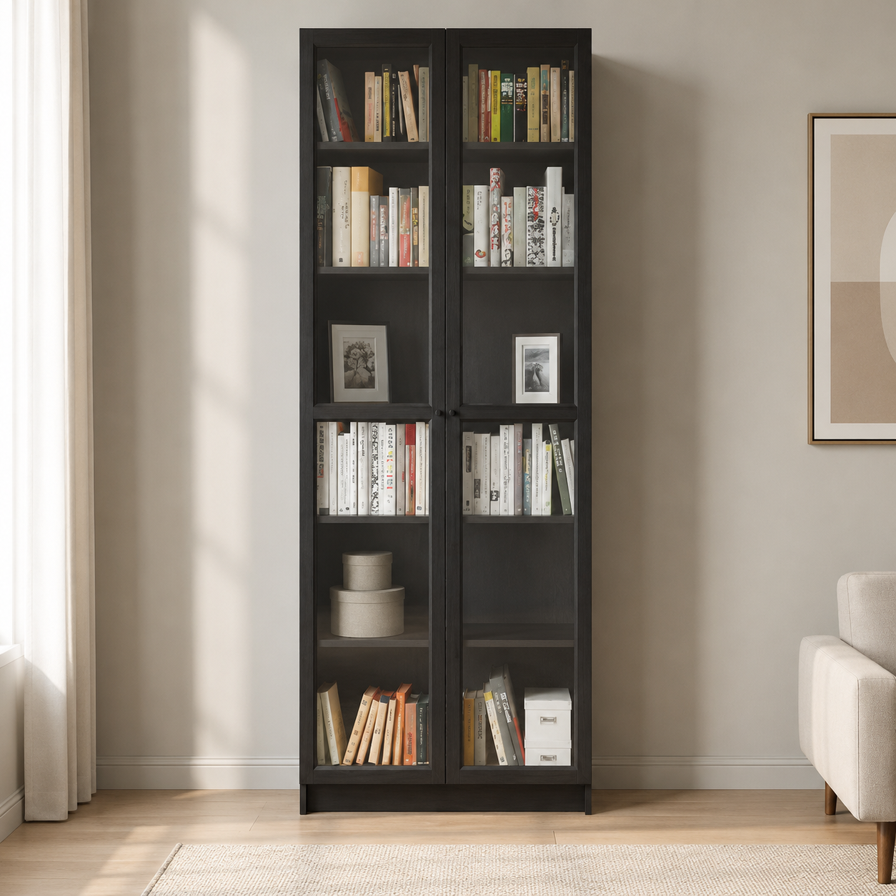 Modern Tall Bookcase with Four Glass Doors, Multiple Display Shelves and Metal Handles in Elegant Black Finish