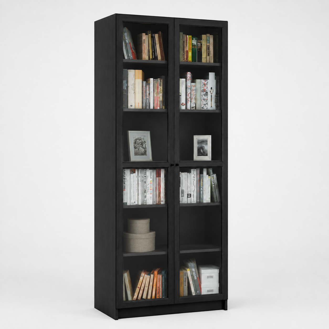 Modern Tall Bookcase with Four Glass Doors, Multiple Display Shelves and Metal Handles in Elegant Black Finish
