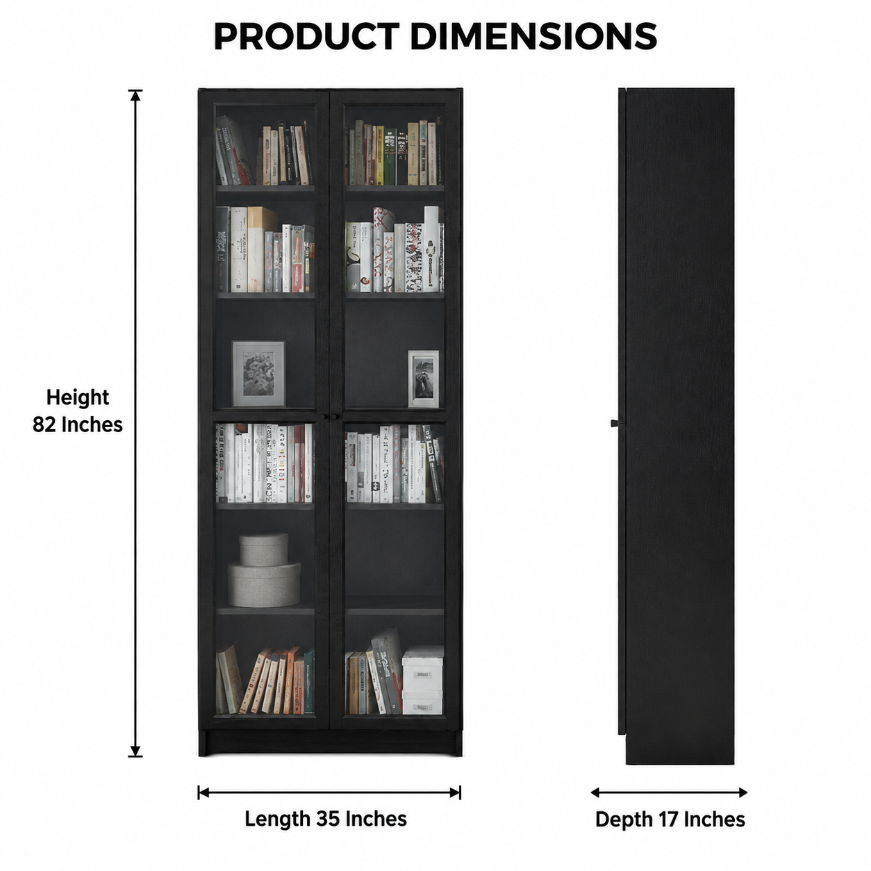 Modern Tall Bookcase with Four Glass Doors, Multiple Display Shelves and Metal Handles in Elegant Black Finish