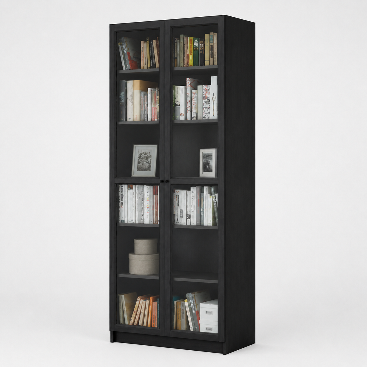 Modern Tall Bookcase with Four Glass Doors, Multiple Display Shelves and Metal Handles in Elegant Black Finish