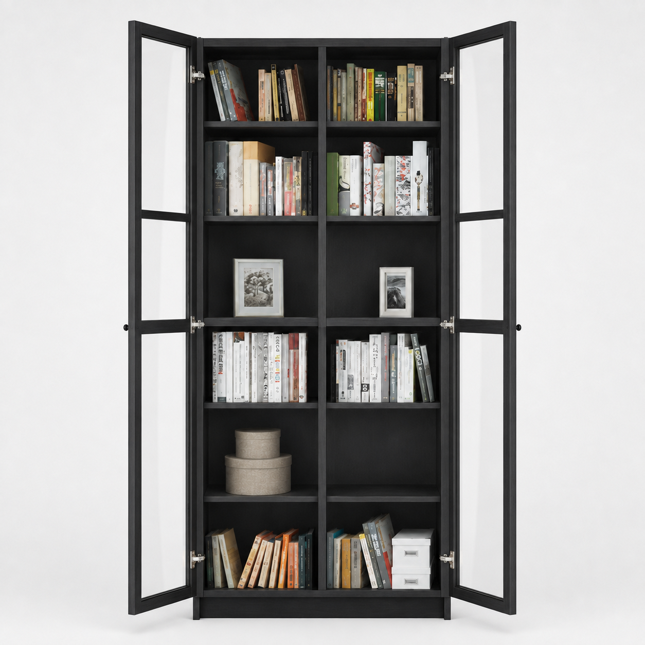 Modern Tall Bookcase with Four Glass Doors, Multiple Display Shelves and Metal Handles in Elegant Black Finish