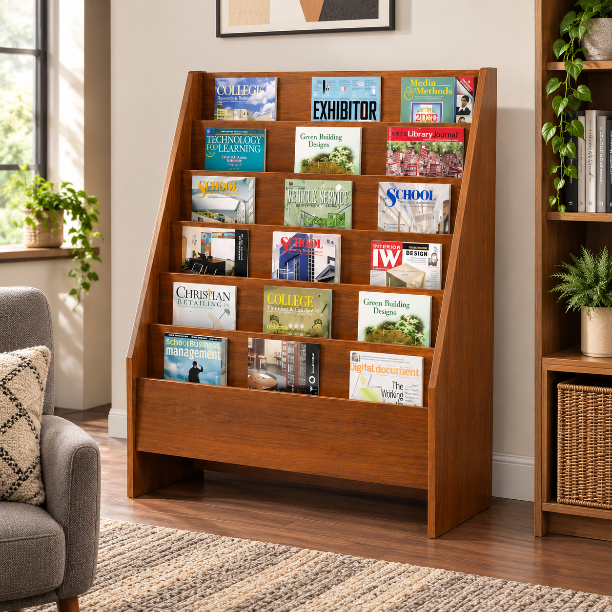 Modern Wooden Magazine Rack with Multiple Open Display Shelves, Freestanding Book and Newspaper Holder for Living Room