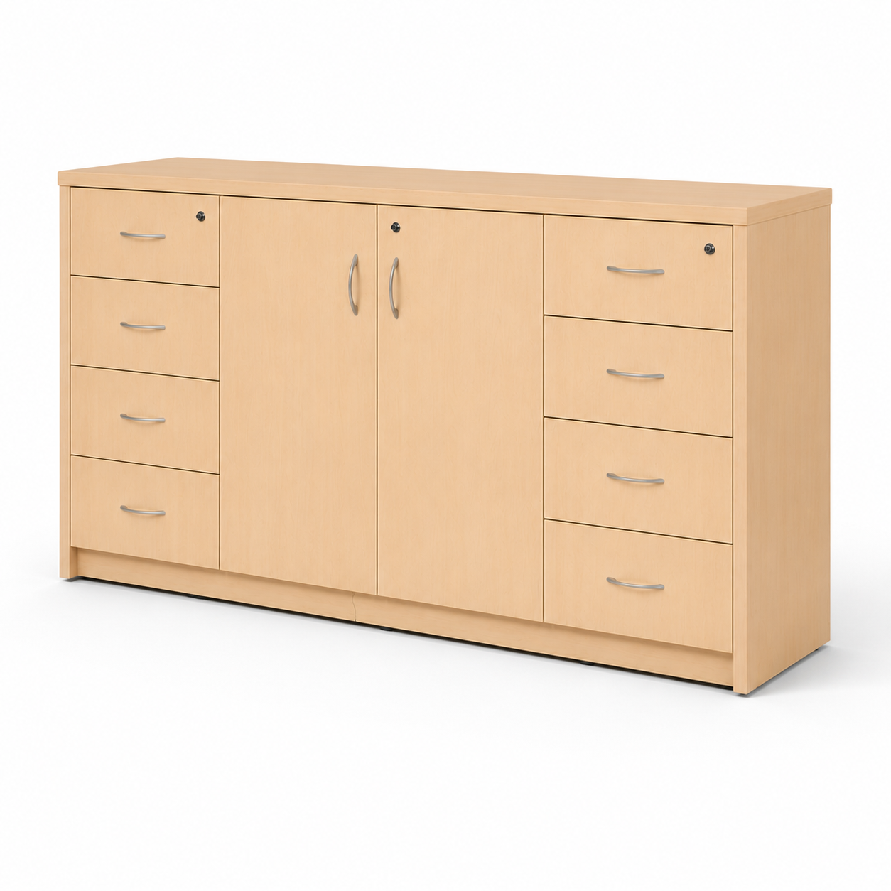 Modern Wooden Storage Cabinet with Dual Doors & 8 Smooth-Glide Drawers – Spacious Office & Home Organizer in Elegant Light Maple Finish