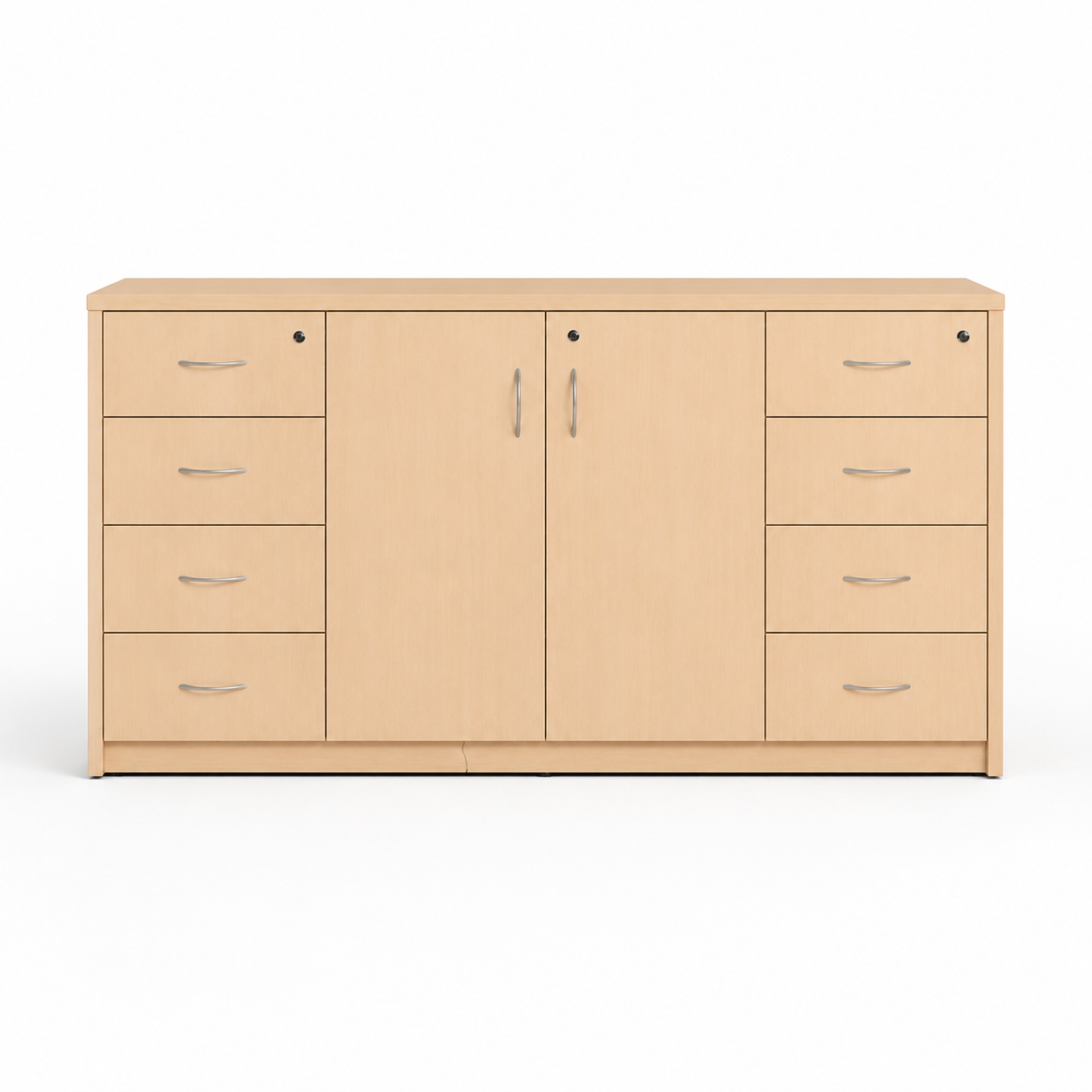 Modern Wooden Storage Cabinet with Dual Doors & 8 Smooth-Glide Drawers – Spacious Office & Home Organizer in Elegant Light Maple Finish