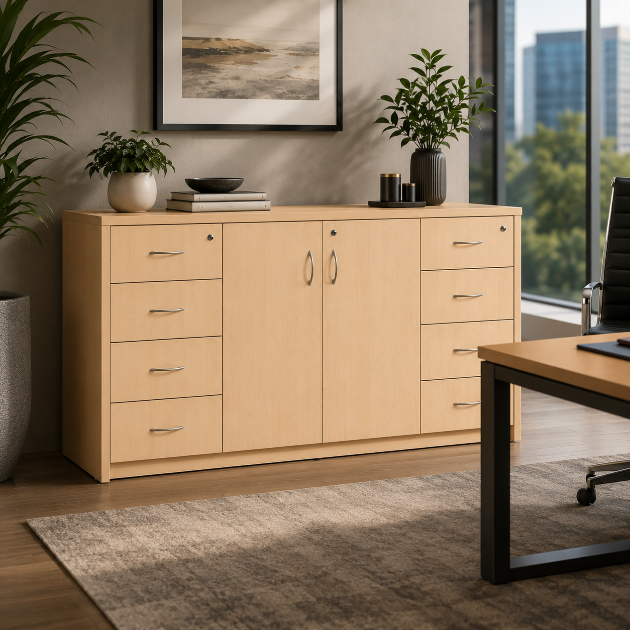 Modern Wooden Storage Cabinet with Dual Doors & 8 Smooth-Glide Drawers – Spacious Office & Home Organizer in Elegant Light Maple Finish