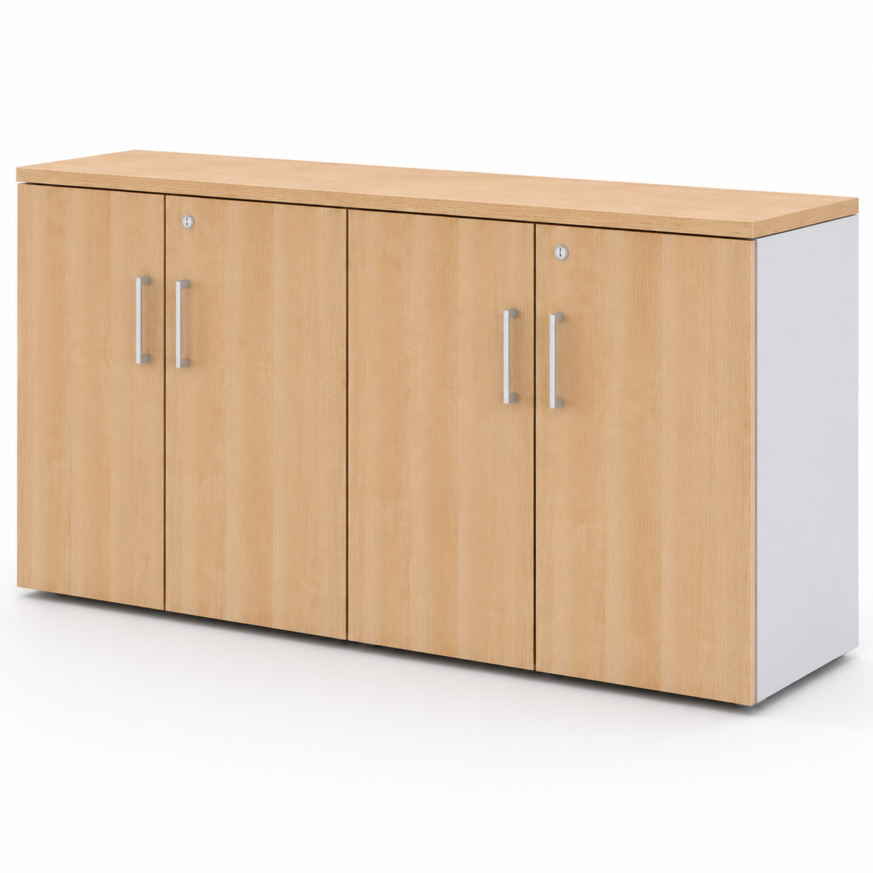 4 Door Office Storage Cabinet | Lockable Wooden Office Credenza with Shelves | Engineered Wood Filing & Storage Unit | Natural Oak & White Finish