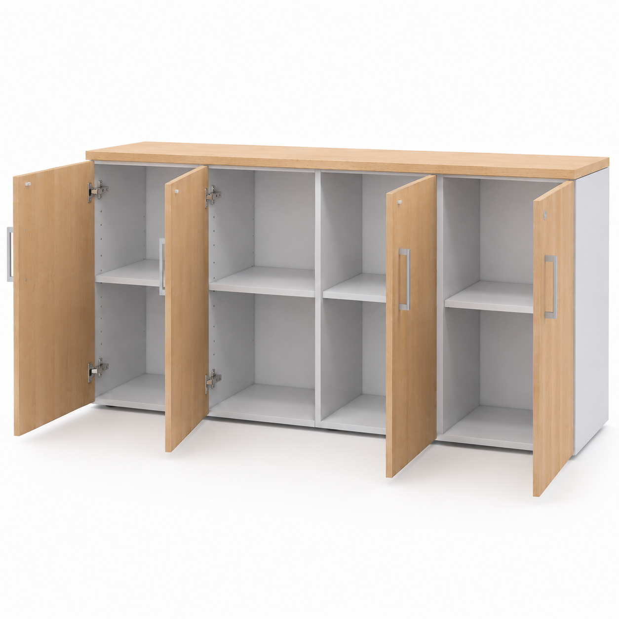 4 Door Office Storage Cabinet | Lockable Wooden Office Credenza with Shelves | Engineered Wood Filing & Storage Unit | Natural Oak & White Finish