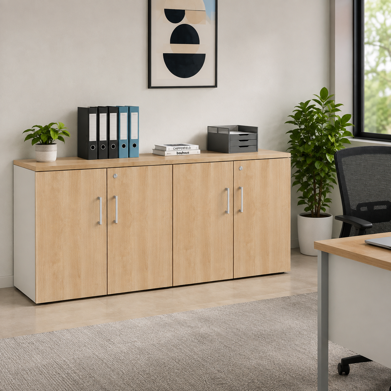 4 Door Office Storage Cabinet | Lockable Wooden Office Credenza with Shelves | Engineered Wood Filing & Storage Unit | Natural Oak & White Finish