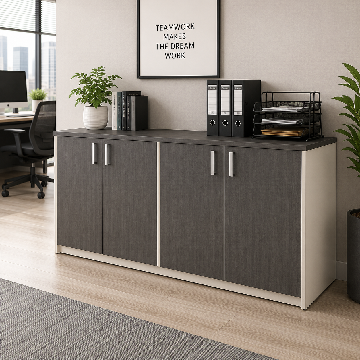 Wooden 4-Door Storage Cabinet with Adjustable Shelves, Pre-Laminated Particle Board, BIFMA Certified
