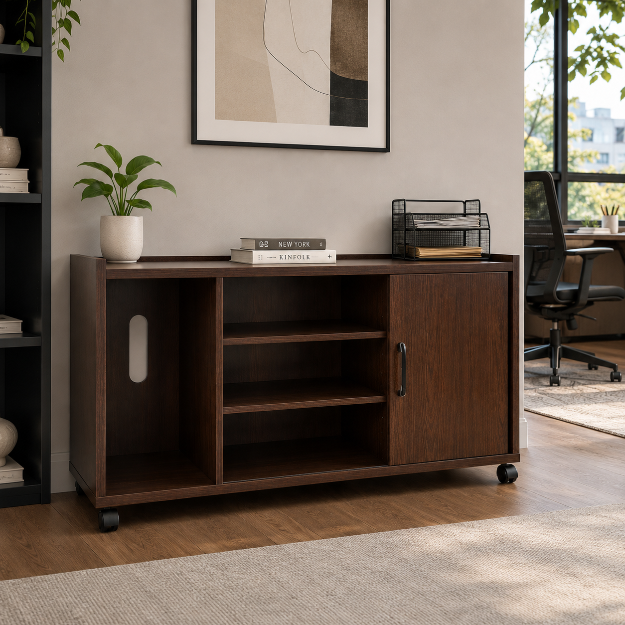 Wooden 1-Door Storage Cabinet with Fixed Shelves, Pre-Laminated Particle Board, Castor Wheels for Easy Mobility