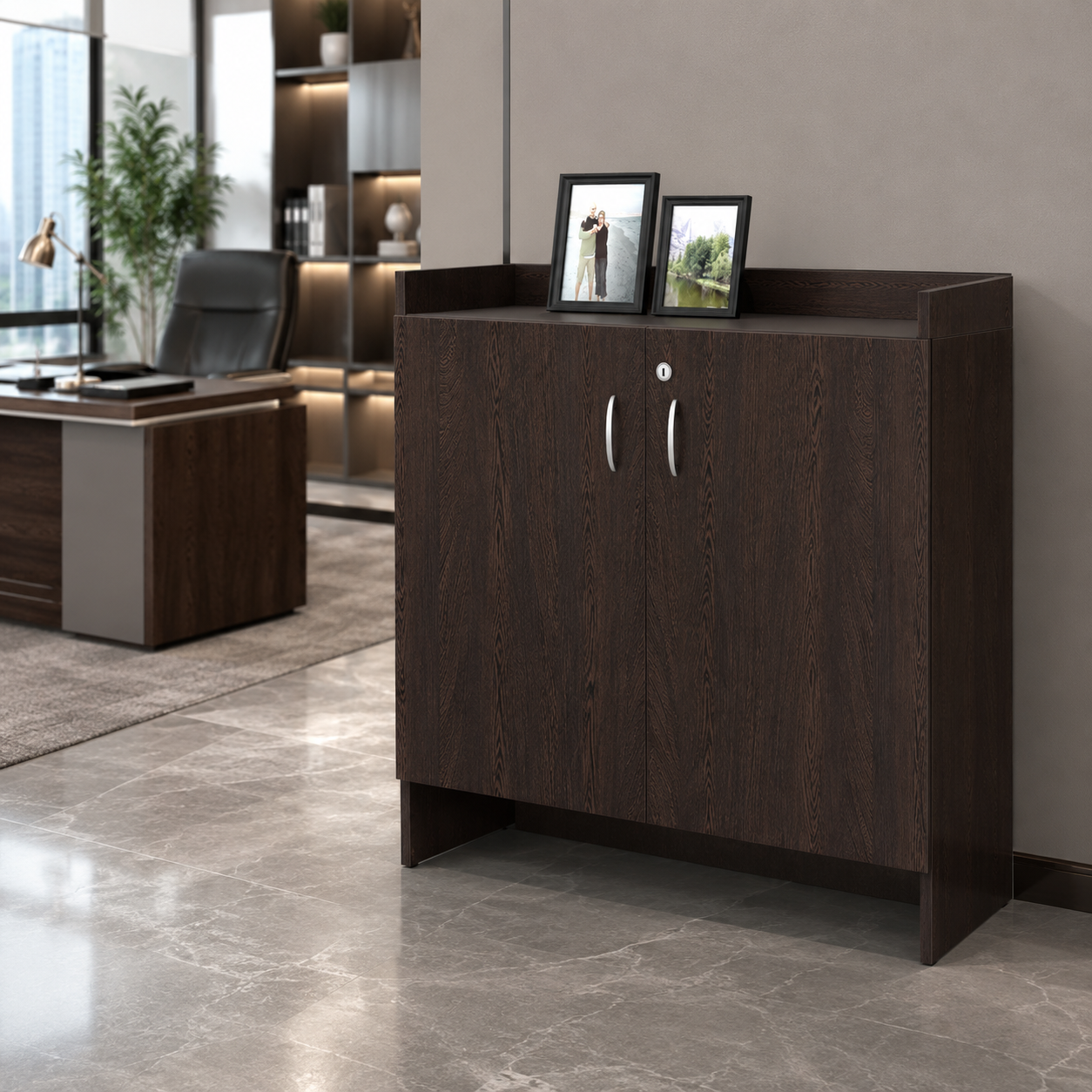 Wooden Storage Cabinet in Prelaminated Particle Board with 2 Openable Door