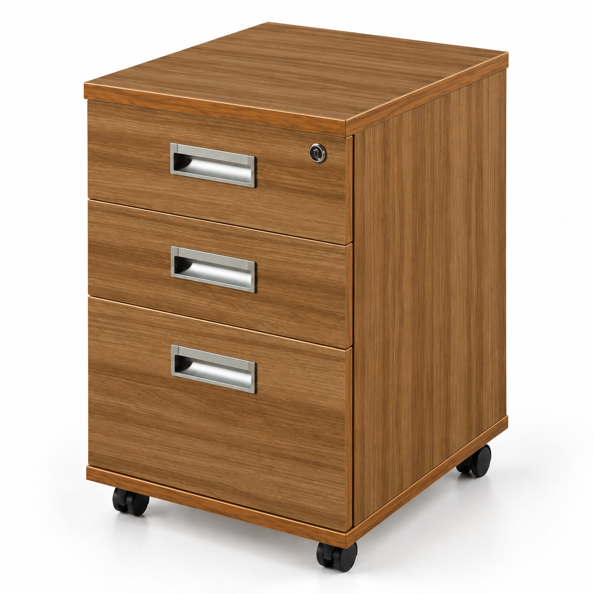 Modern Walnut Mobile Office Pedestal Cabinet with 3 Drawers Top Key Lock Metallic Handles and Caster Wheels