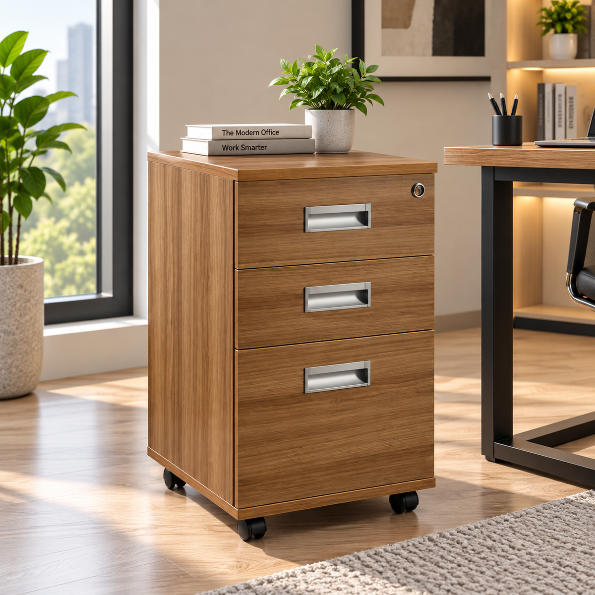 Modern Walnut Mobile Office Pedestal Cabinet with 3 Drawers Top Key Lock Metallic Handles and Caster Wheels