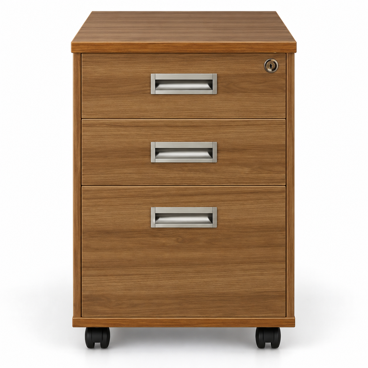 Modern Walnut Mobile Office Pedestal Cabinet with 3 Drawers Top Key Lock Metallic Handles and Caster Wheels